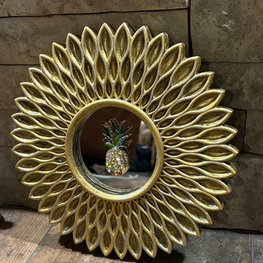 Gold Glitter Sunburst Wall Mirror with jeweled Pineapple Accent